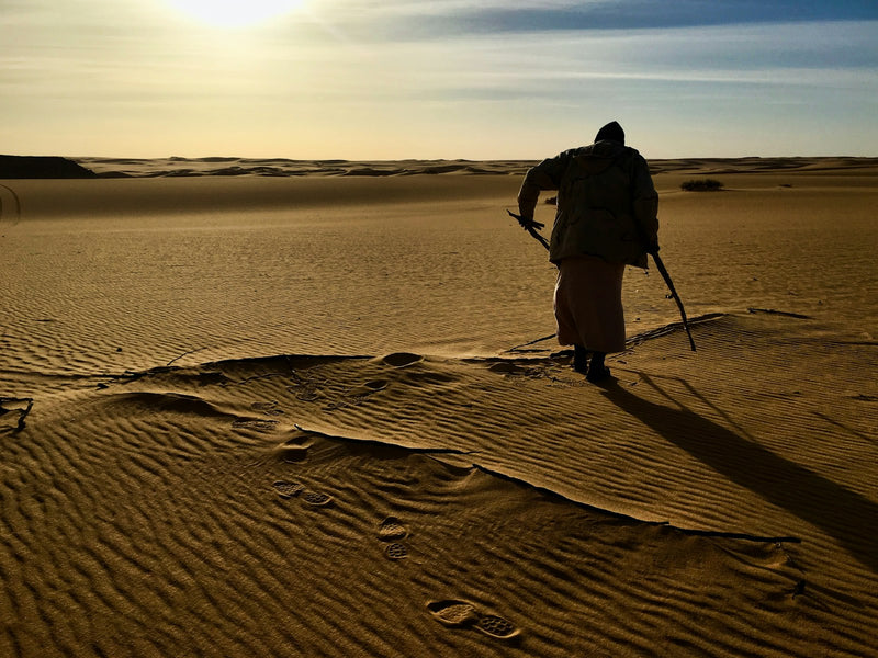 A lone figure walking across desert sand dunes with a staff in hand