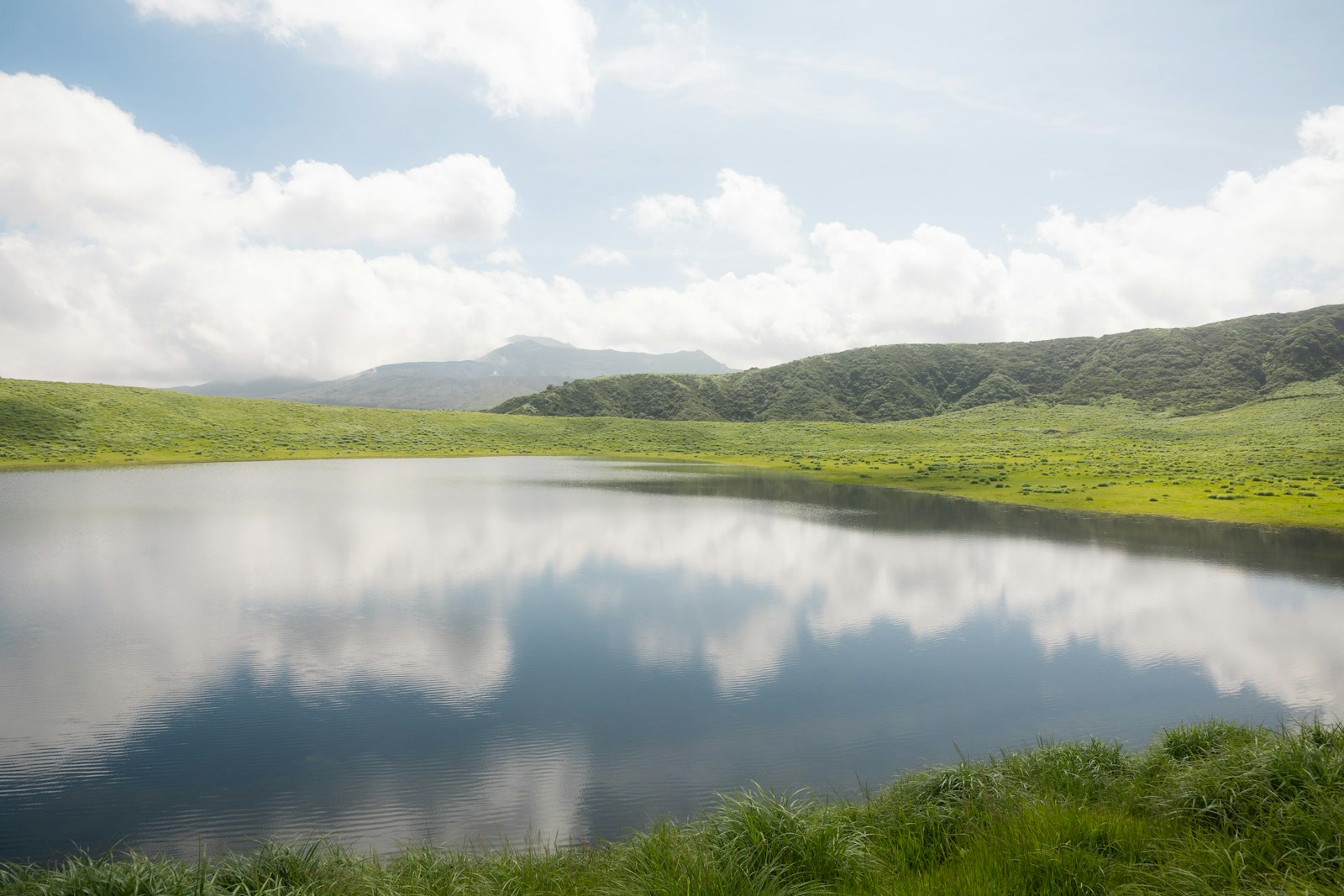 Calm lake reflecting green hills and clouds under a blue sky — still waters and green pastures