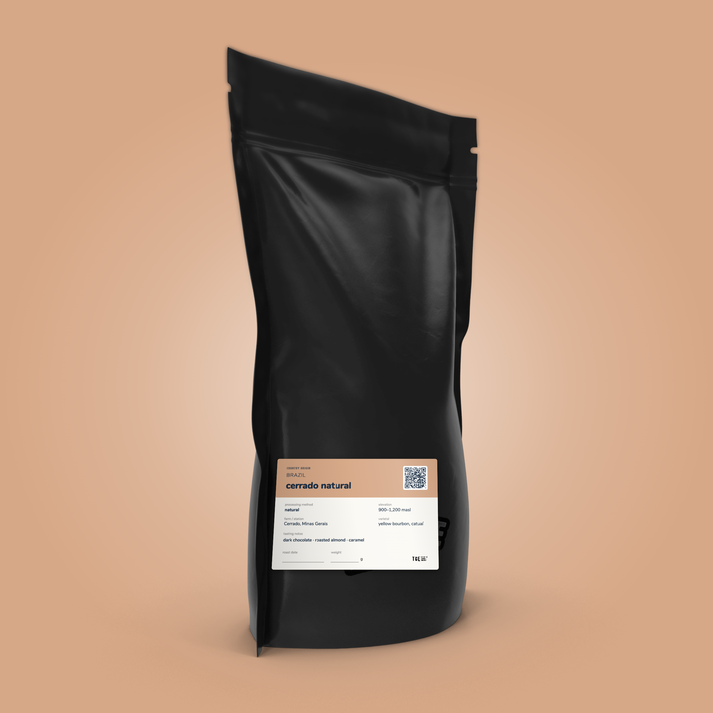 Brazil Cerrado coffee bag by The Caffeine Experience — natural process, dark chocolate, roasted almond, caramel