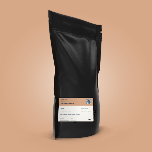 Brazil Cerrado coffee bag by The Caffeine Experience — natural process, dark chocolate, roasted almond, caramel