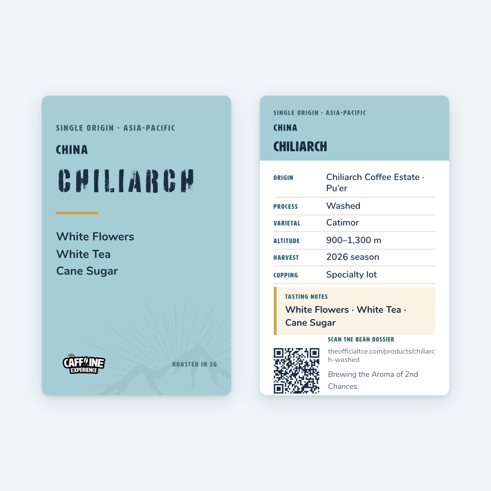 China Chiliarch Washed — bean card front and back, tasting notes white flowers, white tea, cane sugar