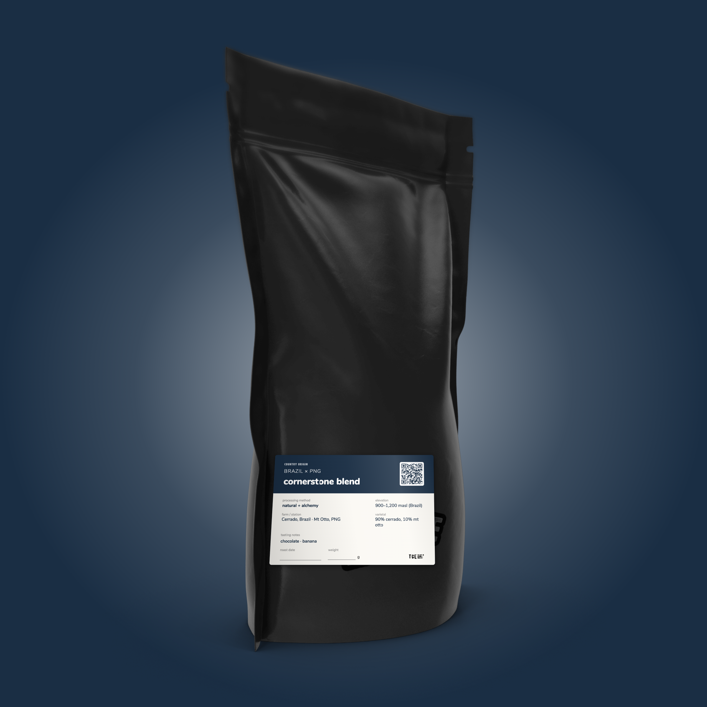Cornerstone Blend coffee bag by The Caffeine Experience — 90% Brazil Cerrado, 10% PNG Mt Otto