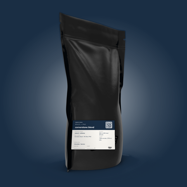 Cornerstone Blend coffee bag by The Caffeine Experience — 78% Brazil Cerrado, 22% PNG Mt Otto