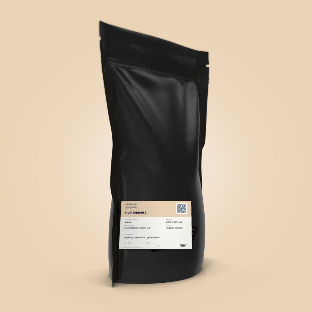 Guji Anasora coffee bag by The Caffeine Experience — natural process, Anasora, Guji, Ethiopia; raspberry, stone fruit, golden raisin
